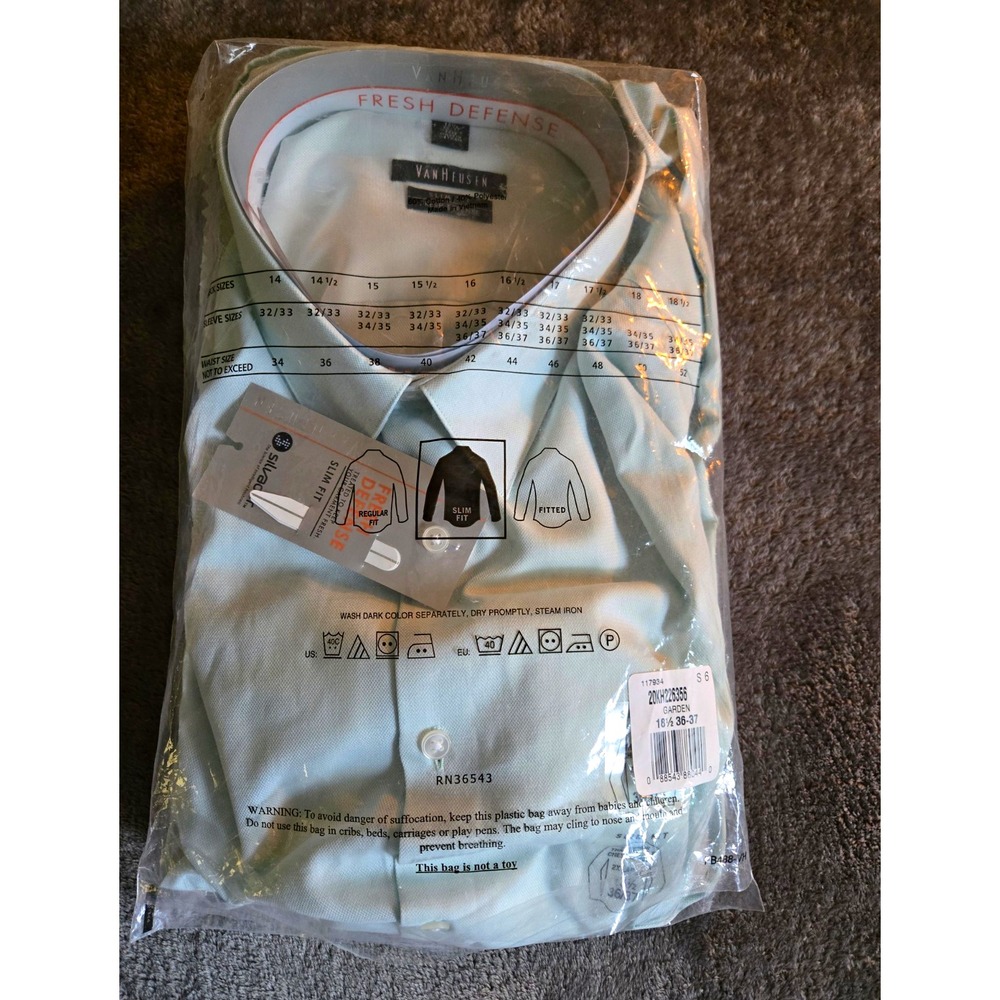 Van Heusen Fresh Defense Slim Fit Wrinkle Free Dress Shirt Green 18.5 36/37